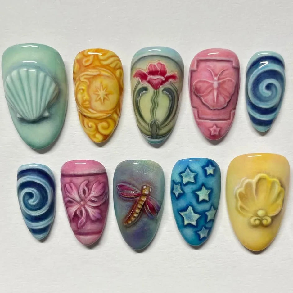 24pcs Vintage Country Style False Nails Cute Cartoon Little Lamb Rabbit Rose Printed Press On Nails Wave Point Bows Fake Nail