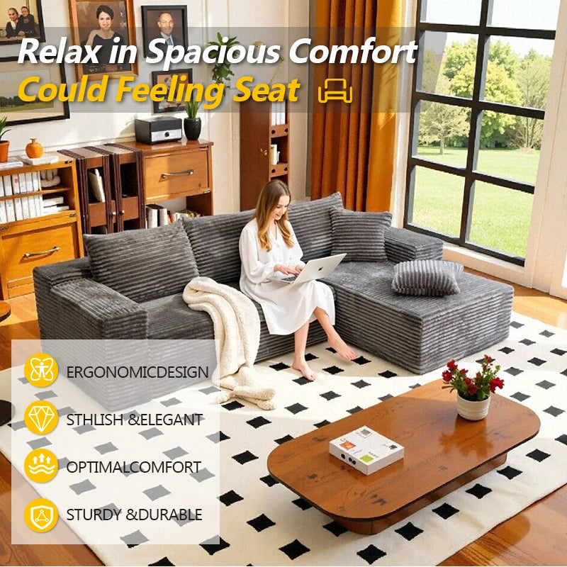 105Inch L-Shaped Living Room Sofa, No Assembly Required, Cozy Corduroy Fabric, Sofa Bed Convertible, Minimalist Deep Seat Design