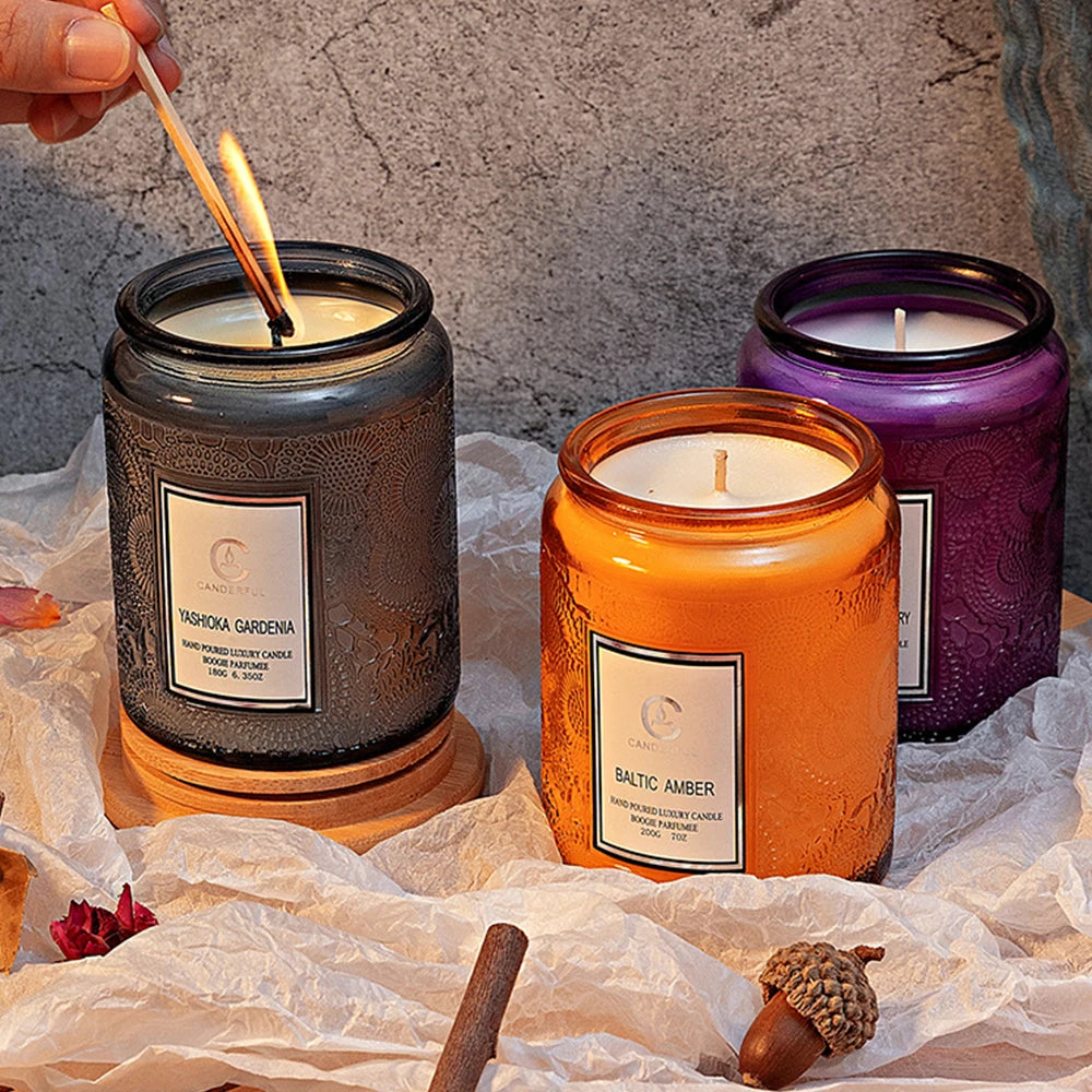 Embossed Glass Scented Candle Soy Wax Aromatherapy Candle | 5 Scents | 40 Hour Long Burn | Plant Essential Oil Clean Burn