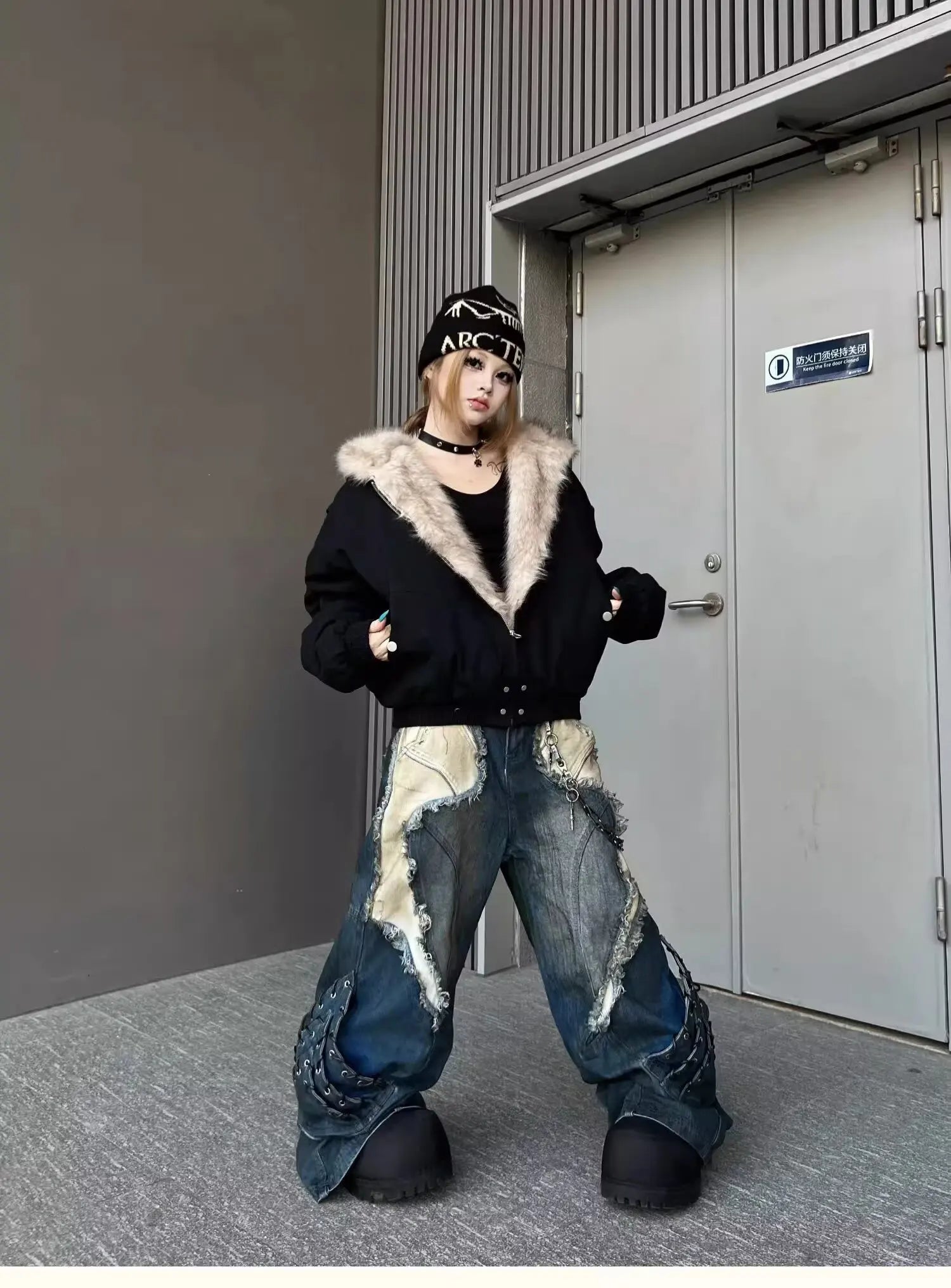 Vintage Patchwork Distressed Jeans Hip Hop Loose Wide Leg Cargo Pants Women's Washed Distressed Denim Trousers