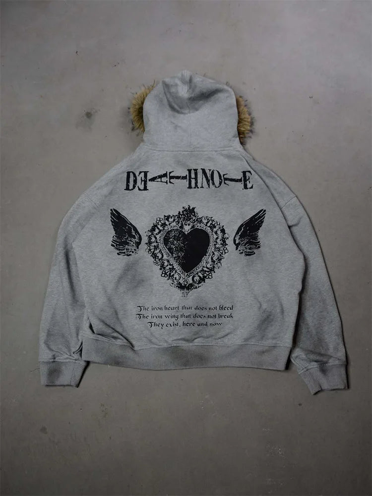 Winter Fashion Streetwear Women's Gothic Printed Faux Fur Hooded Jacket Trendy Edgy Zip - Up Sweatshirt 2026 New Arrival