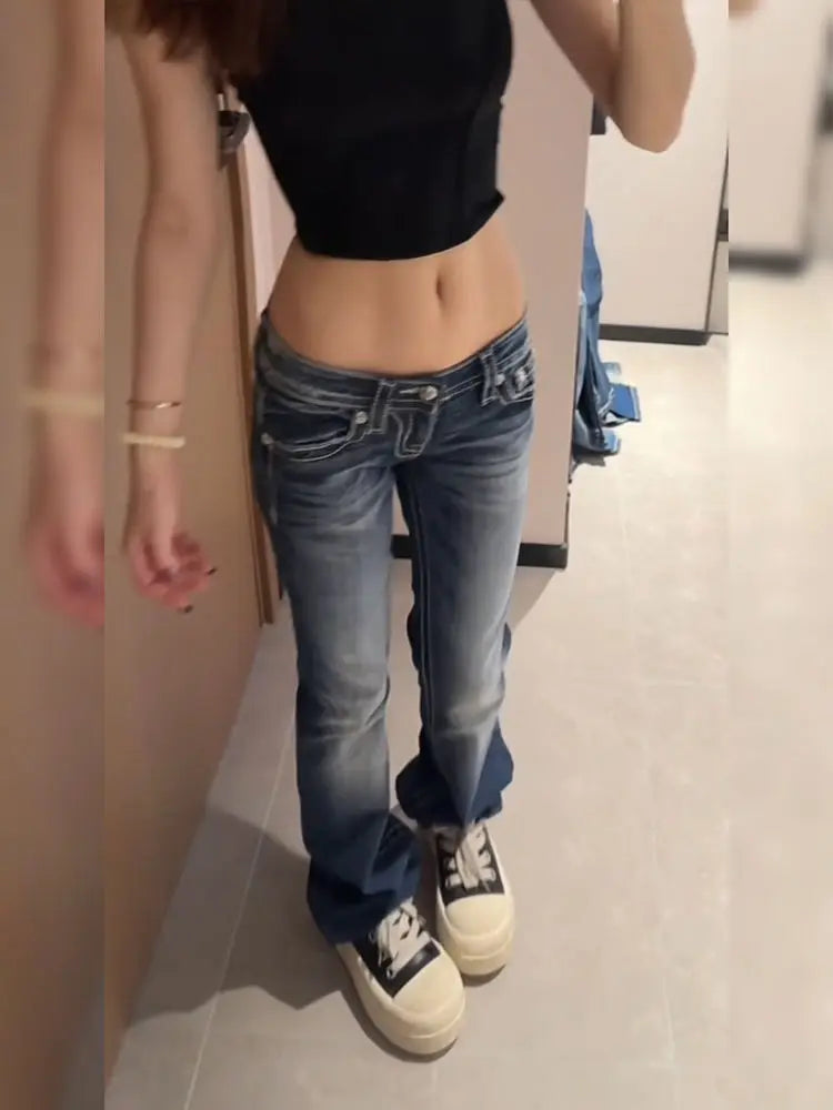 Women's Y2K Gothic Embroidery Hot Diamonds Denim Pants Harajuku Retro Hip Hop Low Waist Jeans Fashion Hot Girl Straight Jeans