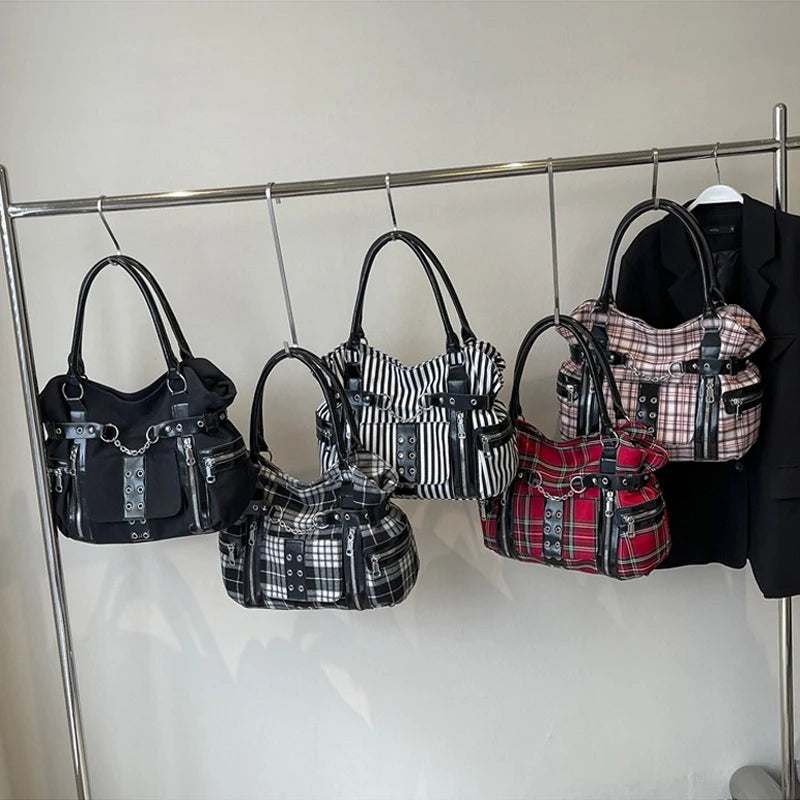 SHELKSBAG Punk Plaid Shoulder Bag Rise Up Gothic Alternative Handcuff Top Handle Tote Women 2025 Trendy New in Crossbody Bags
