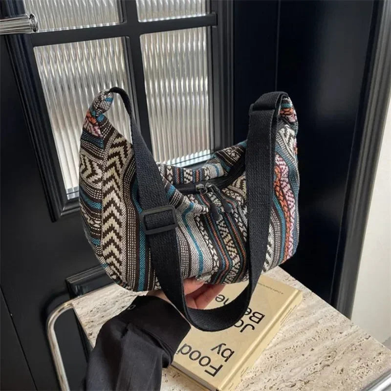 Tribal Style Shoulder Bag, Foldable Crossbody with Zipper Closure, Striped Pattern, Edge Painted Lining