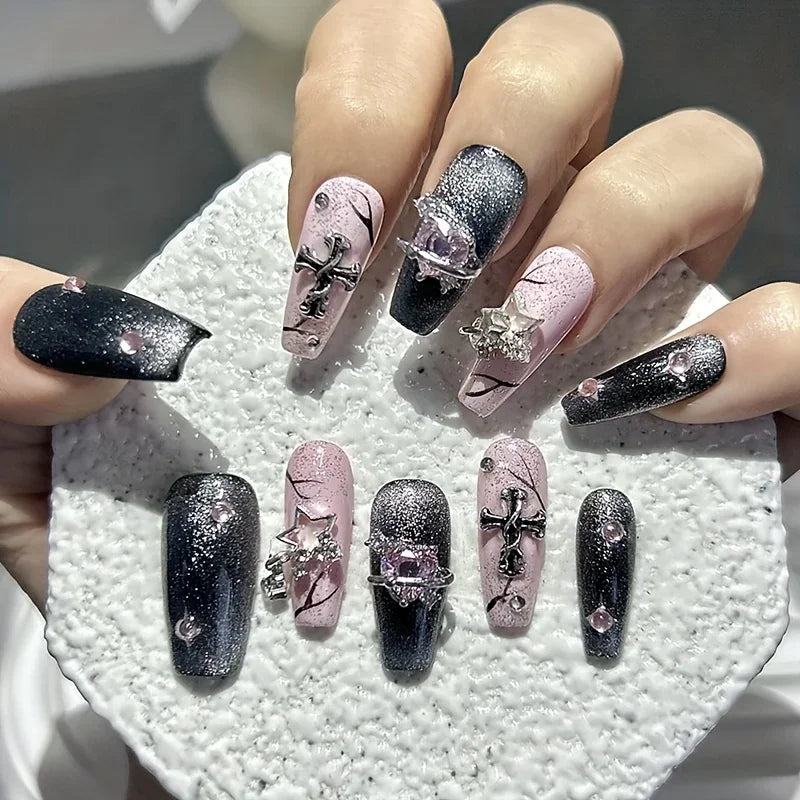 Artificial Nail Sparkling Pink Diamond Surrounding Planet Flame Cat Eye Nails Reusable and Removable Nails