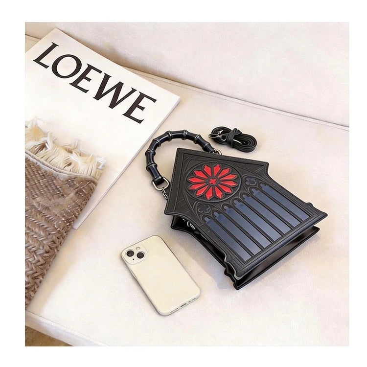 Niche Gothic Chapel Handbag for Women Unique Stained Glass Cathedral Tote Bag Bamboo Crossbody Bag for Dark Grunge Aesthetic