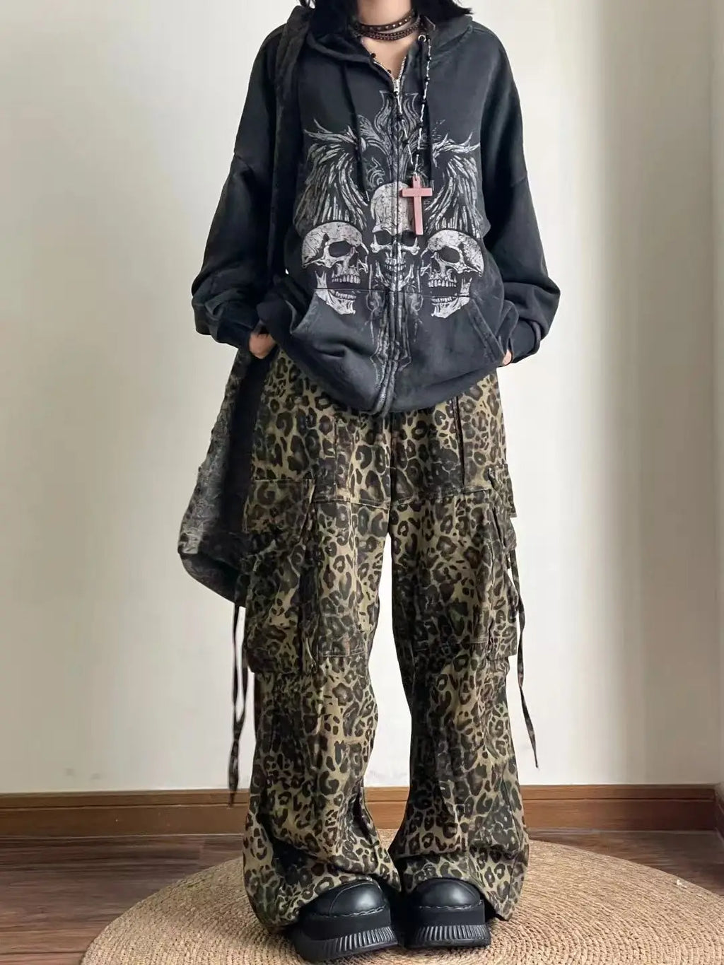 Y2K Mens Goth Style Designer Clothes Techwear Skull Print Cotton Hoodies Men Women Vintage Black Zip Up Hoodie Hooded Sweatshirt