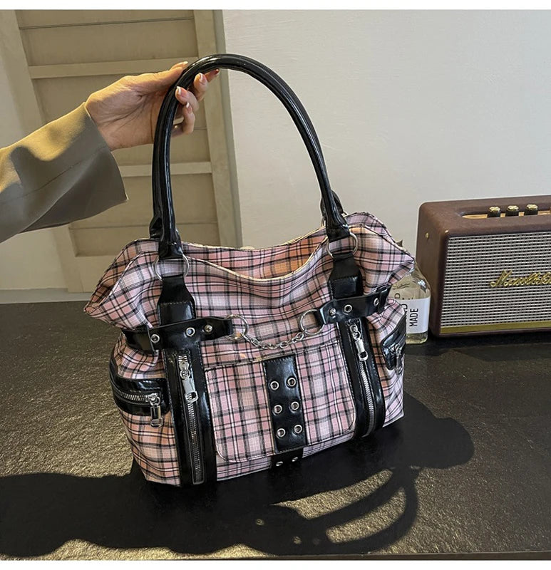 SHELKSBAG Punk Plaid Shoulder Bag Rise Up Gothic Alternative Handcuff Top Handle Tote Women 2025 Trendy New in Crossbody Bags
