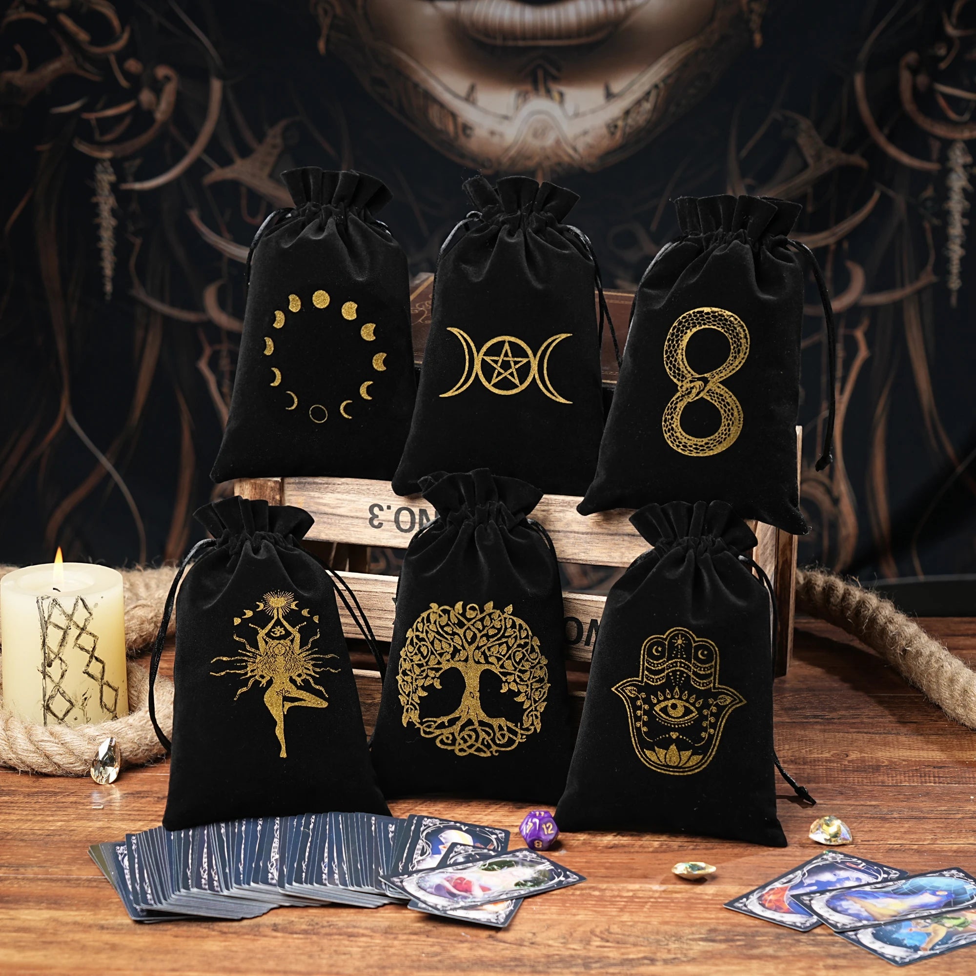 15/1pcs 14x22cm Black Velvet Moon Phase Tarots Cards Storage Bag Jewelry Pouch Travel Cosmetic Gift Bag Hand bag Coin Dice bag