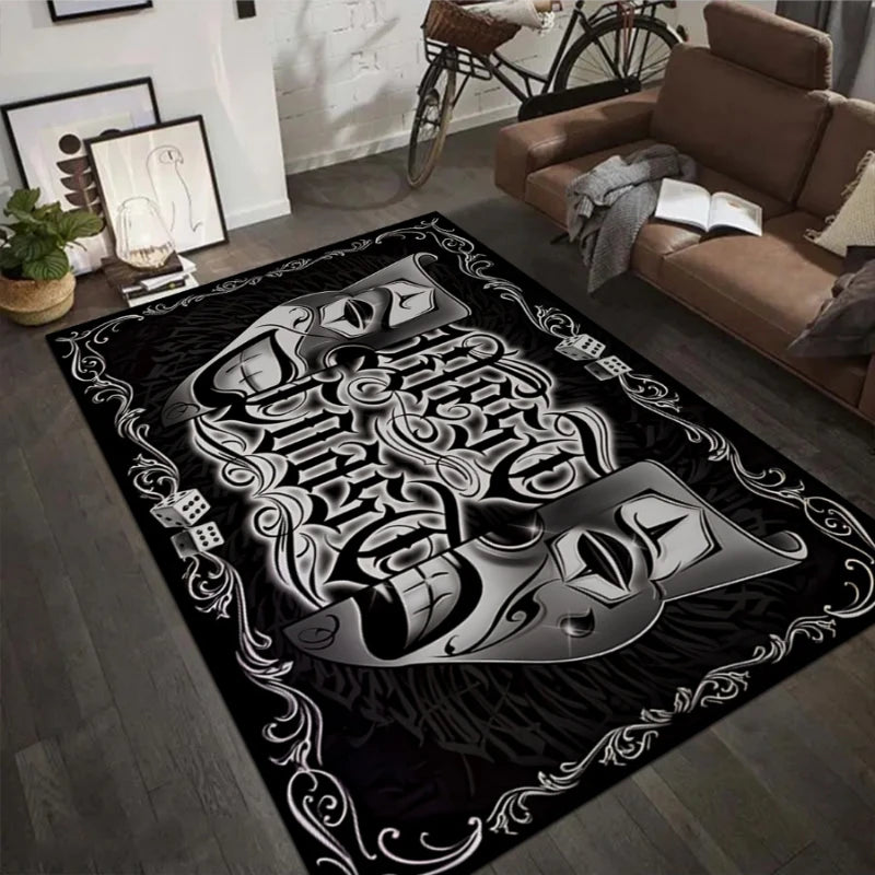 Streetwear Tattoo Letter Rug, Black and White Gothic Non-Slip Floor Mat for Bedroom & Living Room, Chic Dark Home Decor Carpet