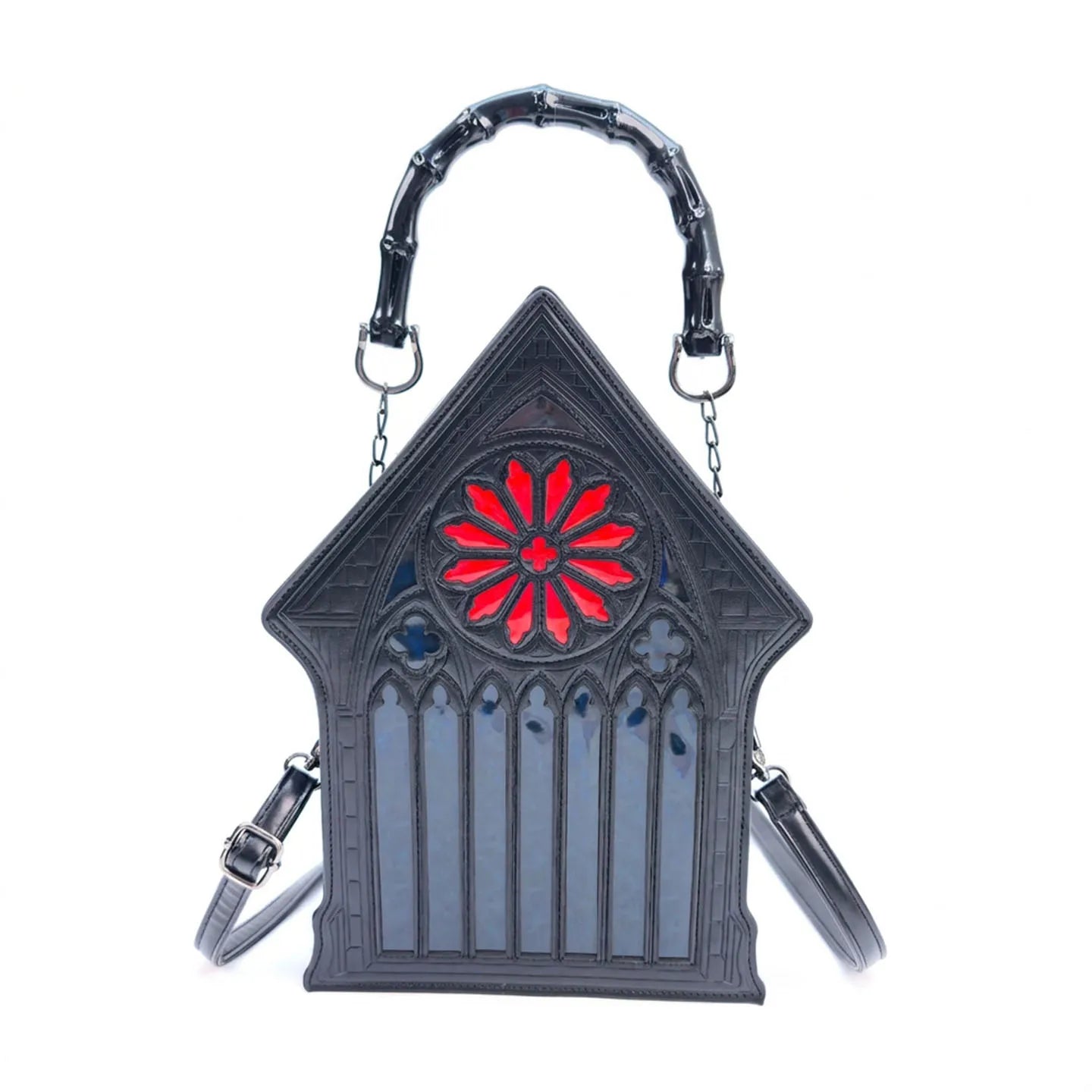 Niche Gothic Chapel Handbag for Women Unique Stained Glass Cathedral Tote Bag Bamboo Crossbody Bag for Dark Grunge Aesthetic