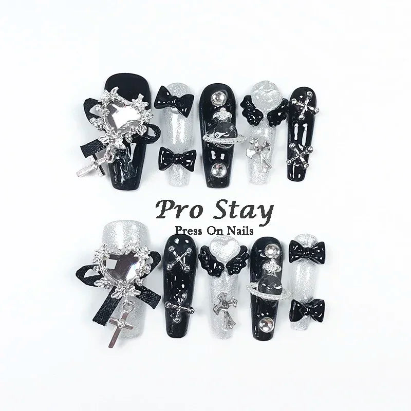 10pcs Dark black Y2k Hot Girl Handmade Press On Nails Sweet Cool  With Diamond Metal Decoration Wearable Artificial False Nail