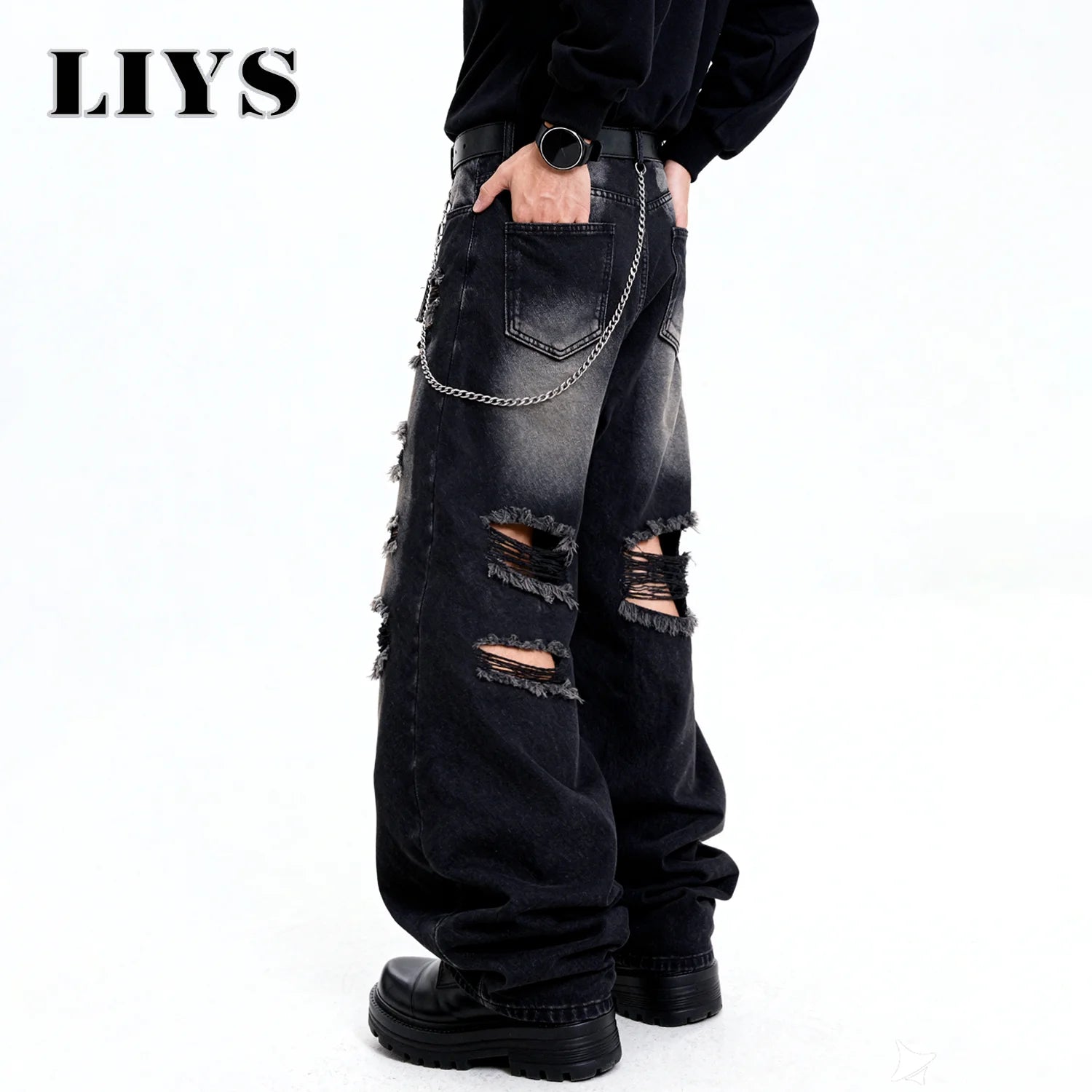 American Street Retro Men's Black Baggy Wide Leg Ripped Jeans Gothic Tear Style Unisex Loose Straight Leg Denim Pants Clothes