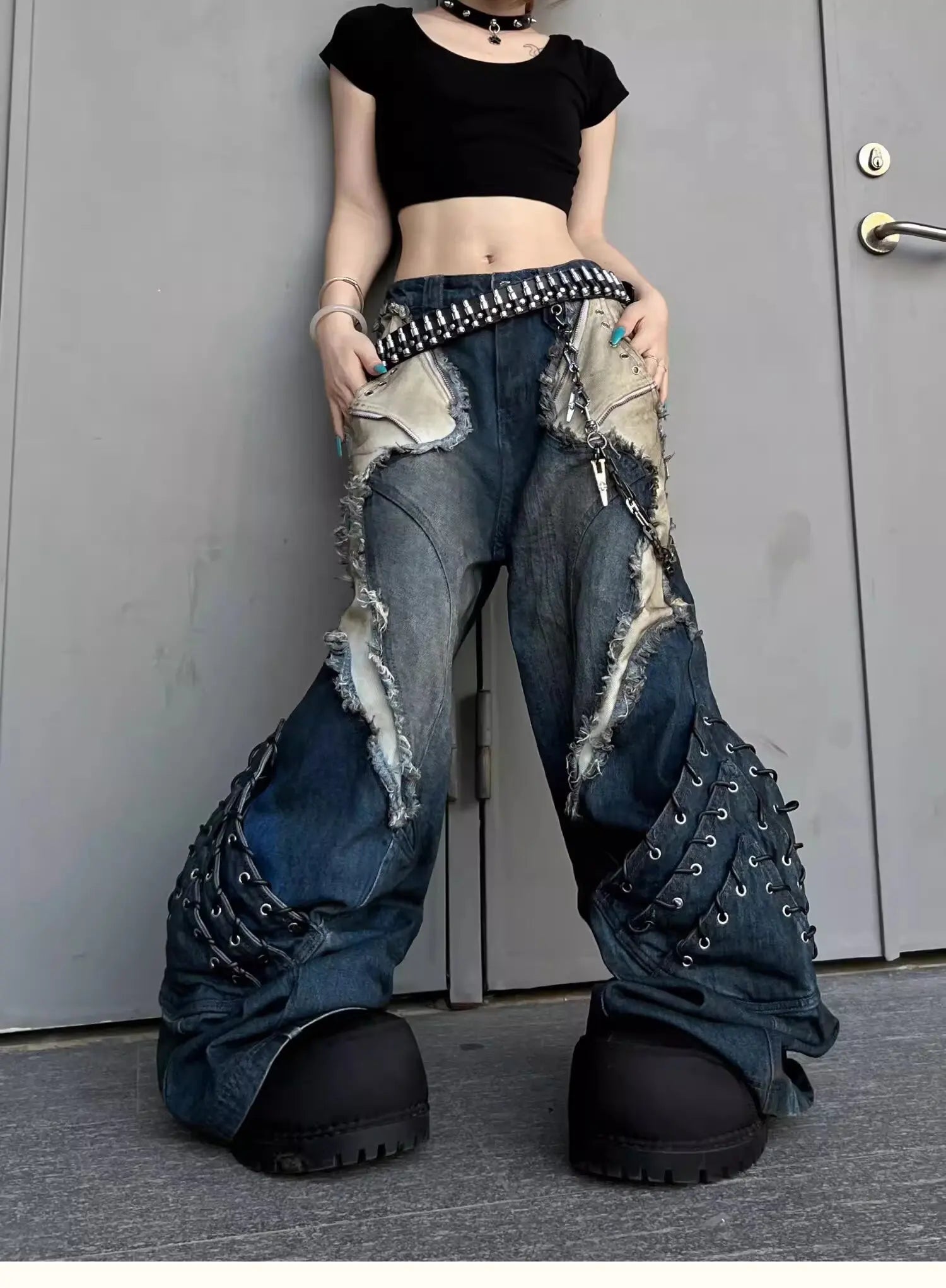 Vintage Patchwork Distressed Jeans Hip Hop Loose Wide Leg Cargo Pants Women's Washed Distressed Denim Trousers