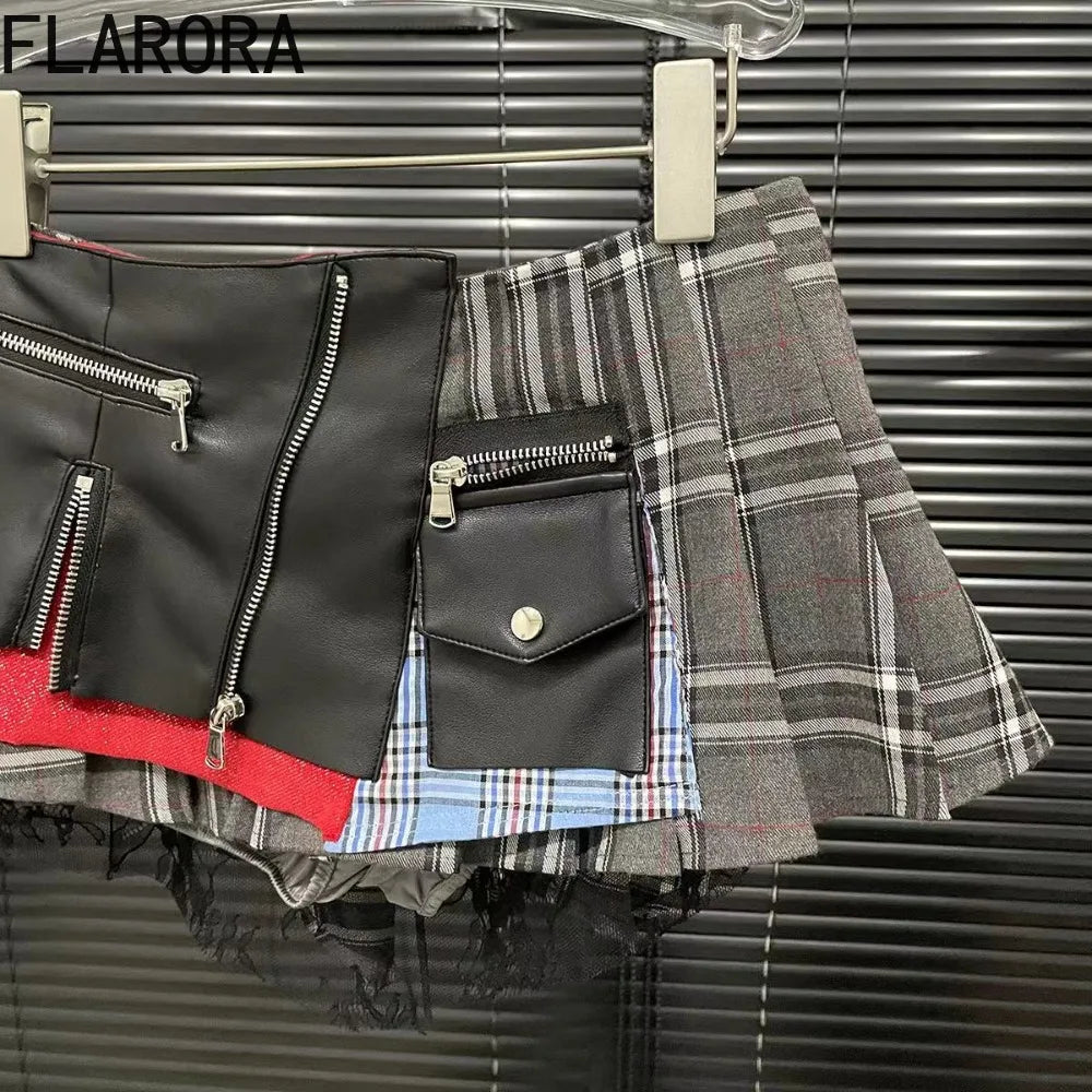 FLARORA Fashion Y2k Patchwork Plaid Design Skirts Woman High Waist Zip Pocket Mini Pleated Skirt Trendy Female Street Bottoms