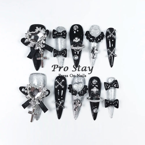 10pcs Dark black Y2k Hot Girl Handmade Press On Nails Sweet Cool  With Diamond Metal Decoration Wearable Artificial False Nail