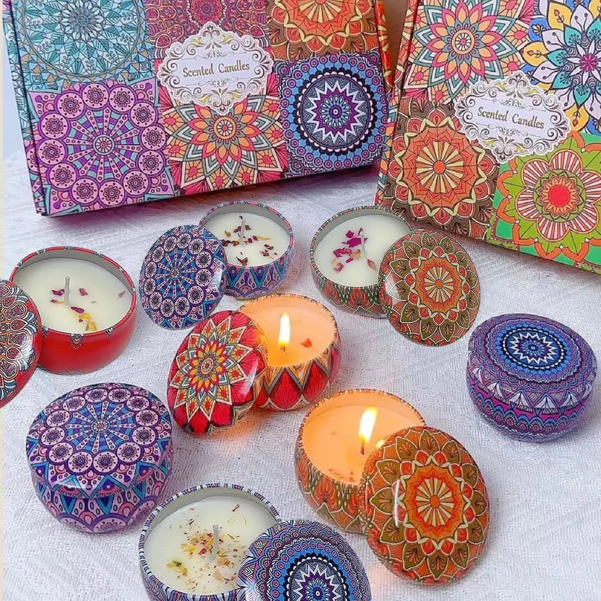 Small Mandala Scented Candle in Tin, 2.36in with Dried Flowers, for Home Decor, Relaxation & Gifting, 40-50H Burn Time