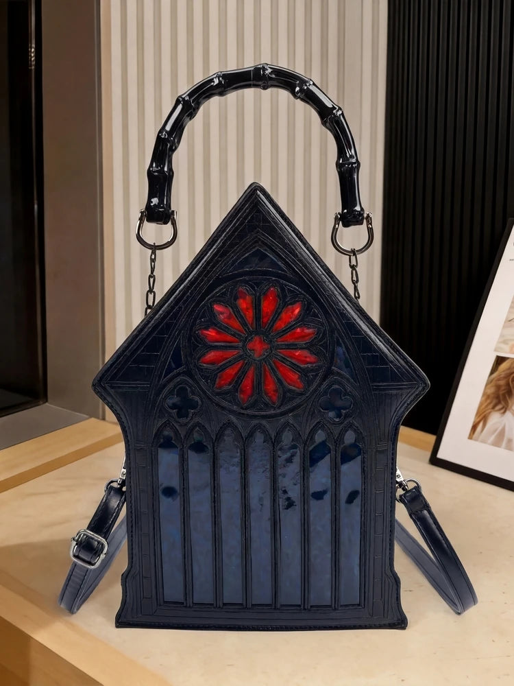 Niche Gothic Chapel Handbag for Women Unique Stained Glass Cathedral Tote Bag Bamboo Crossbody Bag for Dark Grunge Aesthetic