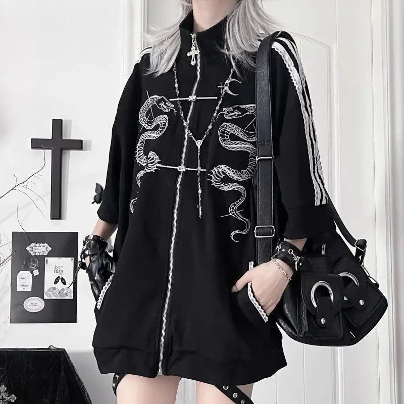 Y2K Harajuku Streetwear Hoodies Coat Women Print Zipper Short Sleeve Sweatshirts Casual Fashion Oversized Hoodie Punk Tops New