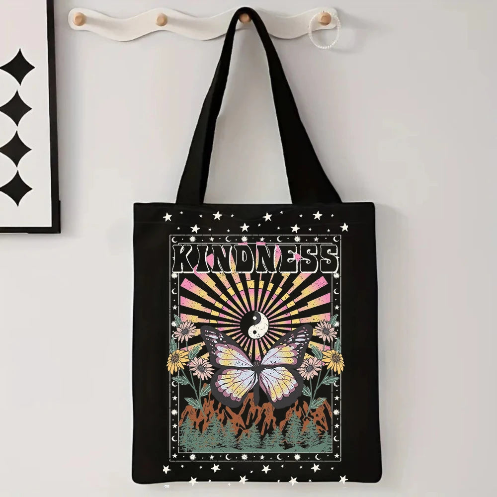 Kindness Butterfly Yin Yang Print Black Canvas Tote Bag, Women Shoulder Bag, Boho Mystical Handbag for Spiritual Vibes