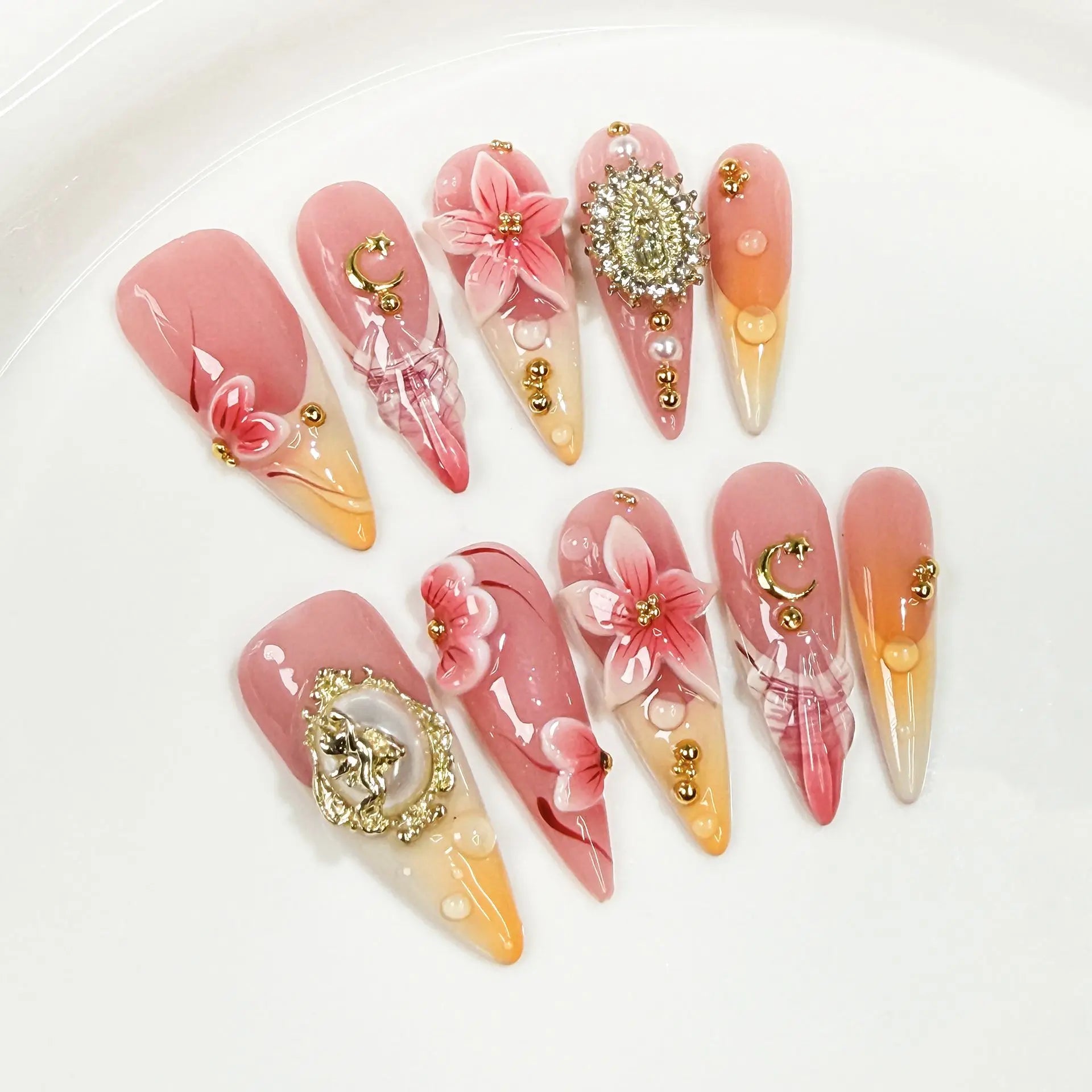 10pc Detachable Long Stilette Ballet False Nails with Butterfly Camellia Design Y2k Hot Girl Full Cover Artificial Press on Nail