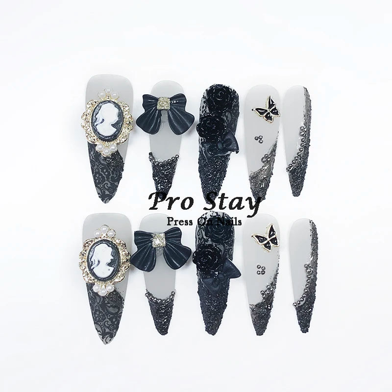 10pcs Dark black Y2k Hot Girl Handmade Press On Nails Sweet Cool  With Diamond Metal Decoration Wearable Artificial False Nail