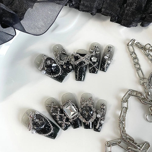 10 pieces of handmade coffin shaped nails, beautiful fake nails, dark gothic nail art, cool metal decoration, suitable for women