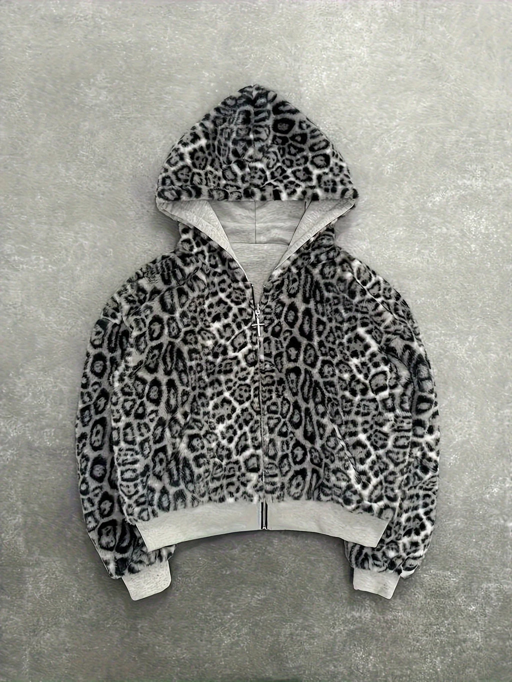 Gray Reversible Zip Up Hoodie with Leopard Print Lining Oversized Streetwear Y2K Casual Hooded Jacket Daily Wear All Season Swea