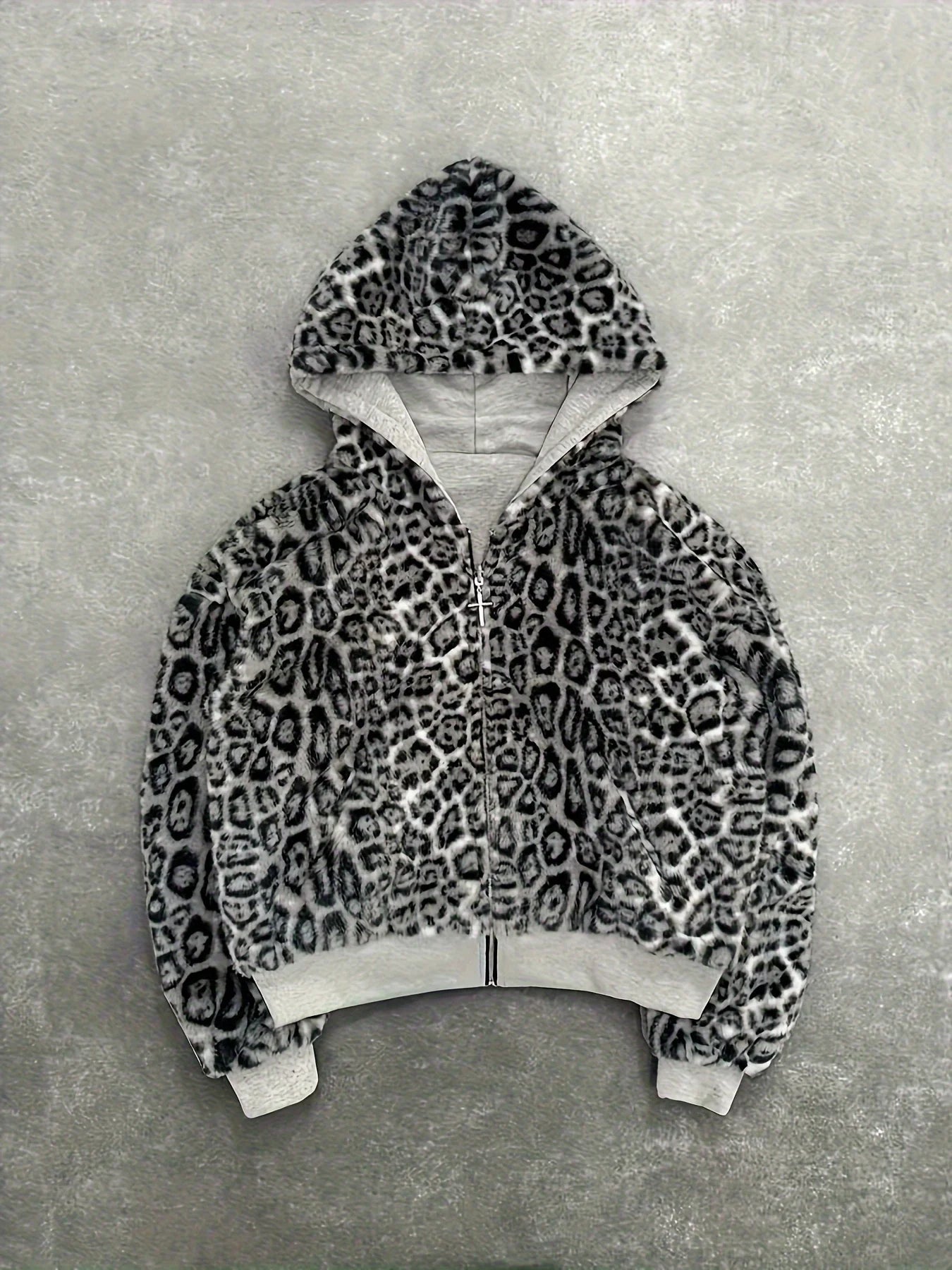 Gray Reversible Zip Up Hoodie with Leopard Print Lining Oversized Streetwear Y2K Casual Hooded Jacket Daily Wear All Season Swea
