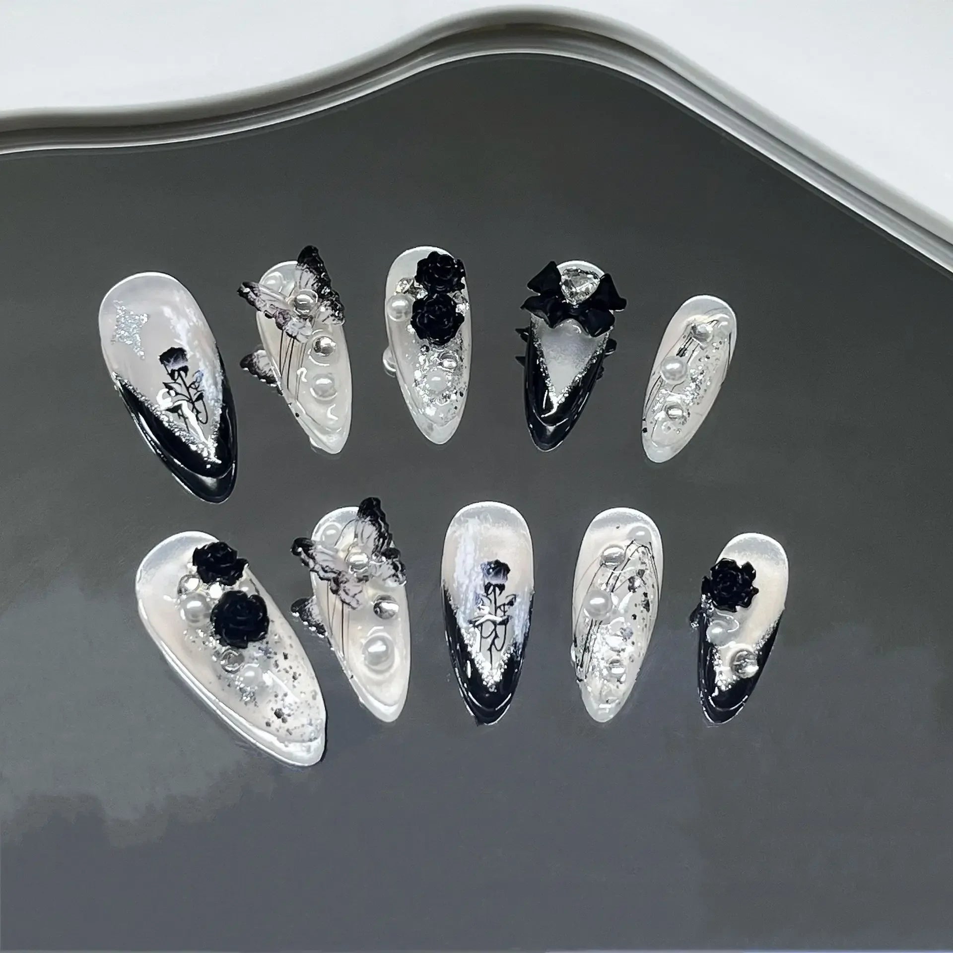10pc Detachable Long Stilette Ballet False Nails with Butterfly Camellia Design Y2k Hot Girl Full Cover Artificial Press on Nail