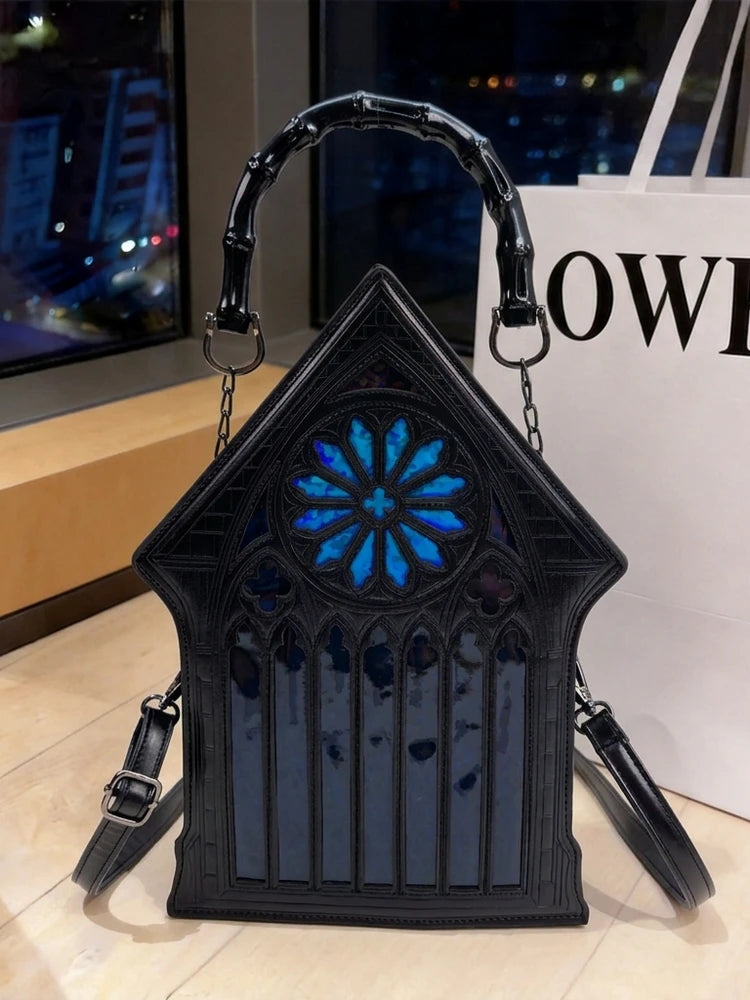 Niche Gothic Chapel Handbag for Women Unique Stained Glass Cathedral Tote Bag Bamboo Crossbody Bag for Dark Grunge Aesthetic