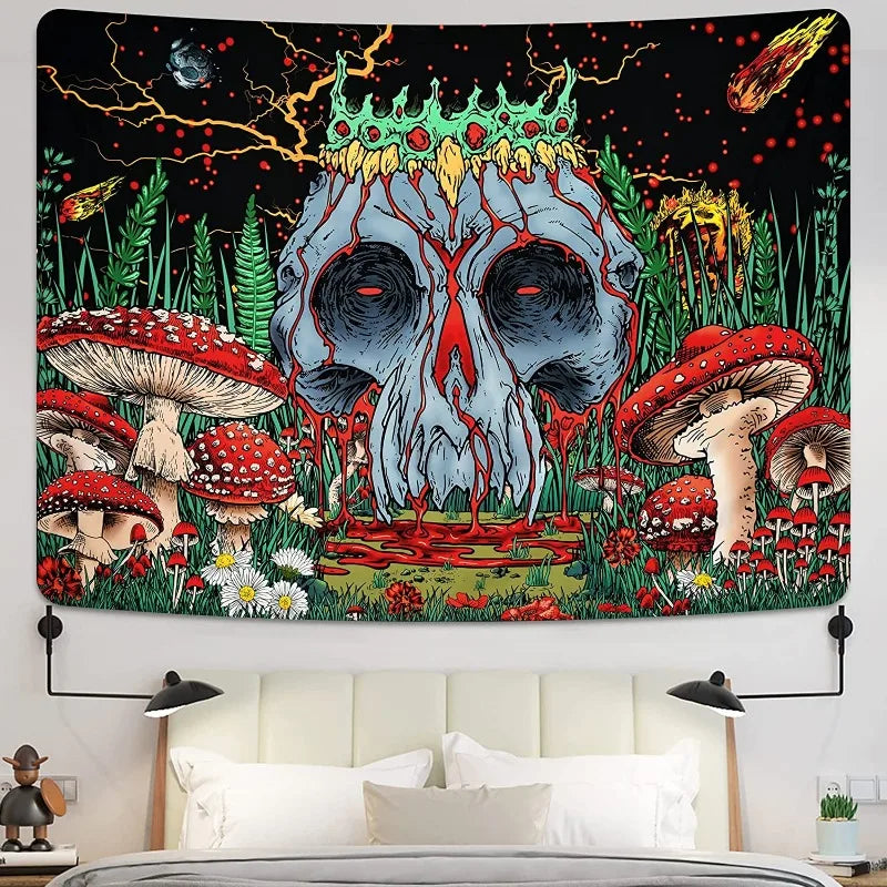 Gothic Skull Tapestry Black and White Skeleton Tapestry Wall Hanging for Bedroom Hippie Eyes Boho Home Decor Trippy Moon Cloth
