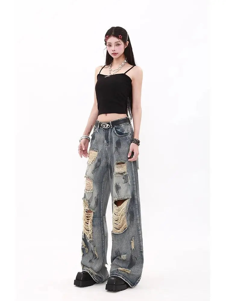 Oversize Blue Ripped Old Hot Girl Y2k American Retro High Waist Fashion Men And Women Hip Hop Straight Loose Wide Legs Jeans