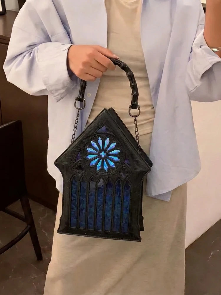 Niche Gothic Chapel Handbag for Women Unique Stained Glass Cathedral Tote Bag Bamboo Crossbody Bag for Dark Grunge Aesthetic