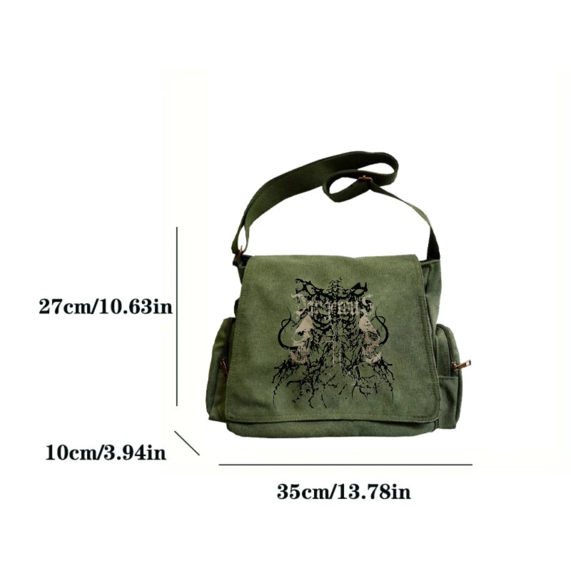 Vintage Women's Shoulder Bag Gothic Print Canvas Crossbody Bag Large Capacity Men's Messenger Bag