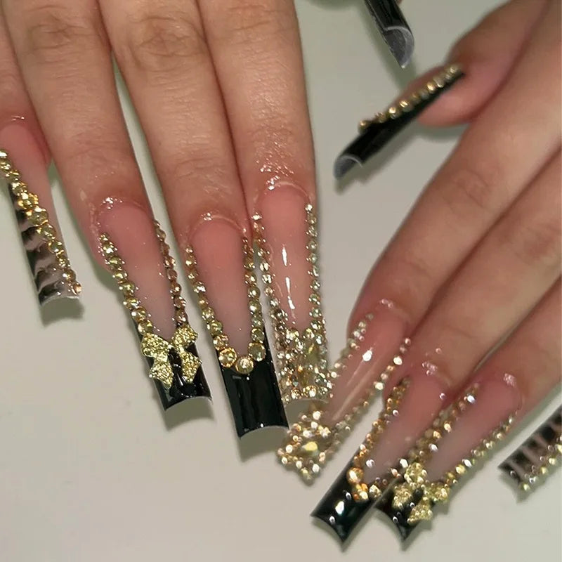24Pcs Long Coffin French False Nails with Glue Bow Diamond Stick on Press on Acrylic Nails Black Ballerina Nail Art Manicure Tip