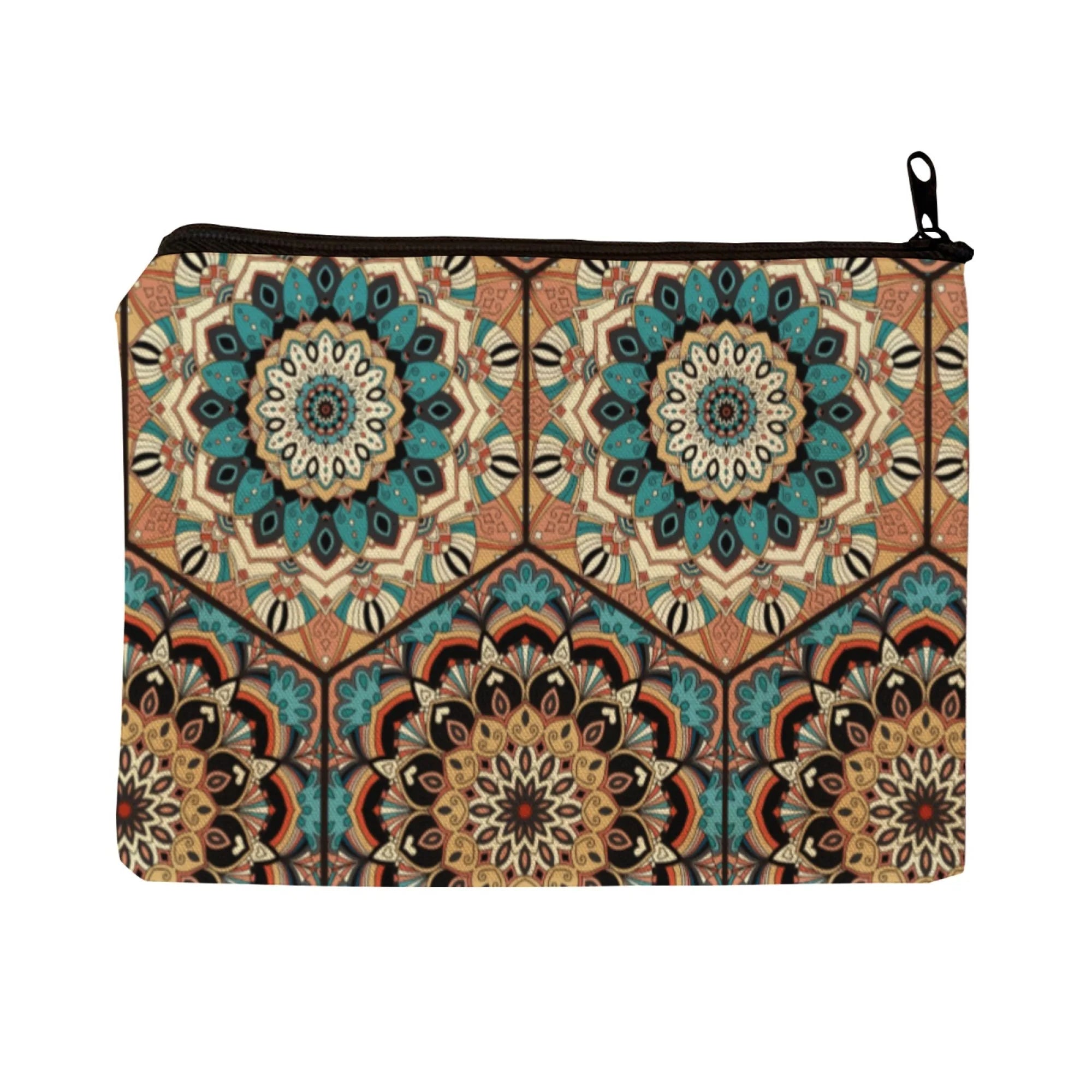 Ethnic Bohemia Art Mandala Zipper Pouch Cosmetic Bag Symmetrical Geometric Florals Blue Brown Beige Soft Canvas Zipper Closure
