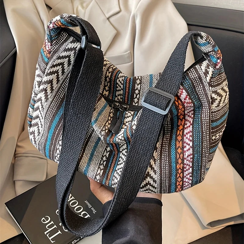Tribal Style Shoulder Bag, Foldable Crossbody with Zipper Closure, Striped Pattern, Edge Painted Lining