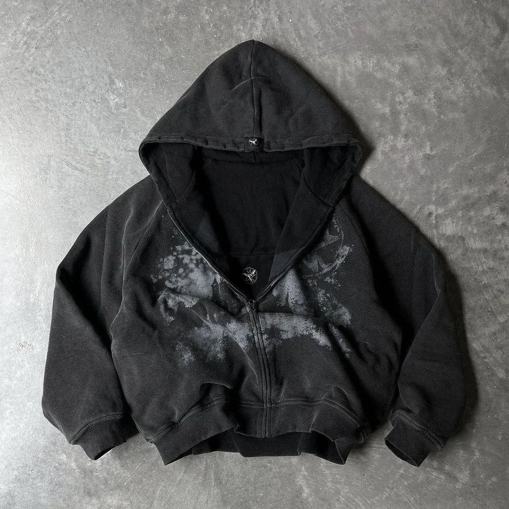 Y2k Gothic Punk Style Printed Star Spot Embroidered Zipper Hoodie Men and Women Fashion Harajuku Retro Oversized Bat Sleeve Top