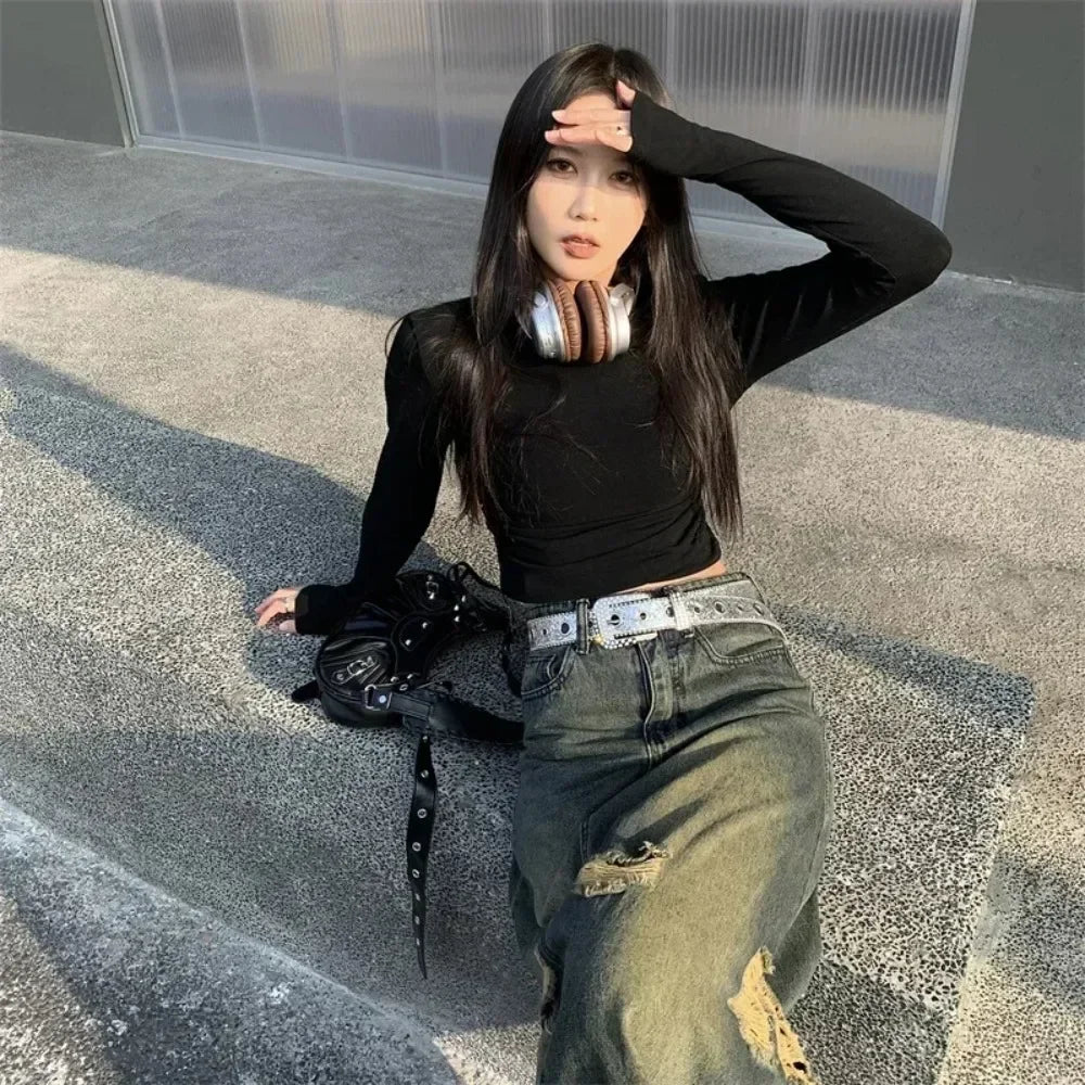 Y2K Fashion Punk Studded Full Rhinestone Belt PU Leather Bling Crystal Adjustable Glitter Waistband for Club Party Girls Gifts