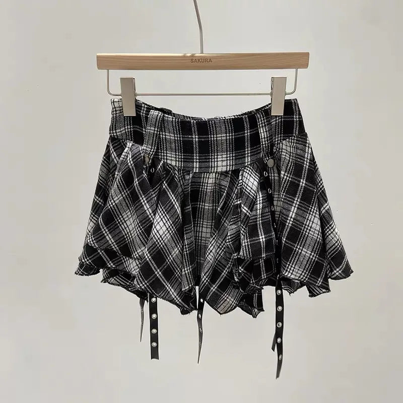 Asymmetrical Plaid Skirt with Straps High Waist Harajuku Mini Skirt Kpop Punk Gothic Red Black Tartan Skort Grunge Y2K Alt Girls