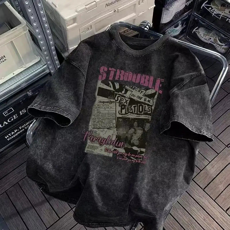 Vintage Washed Black Newspaper Butterfly Print T-Shirt Y2K "Butterfly" Letter Graphic Oversized Tee Casual Short Sleeve Shirt