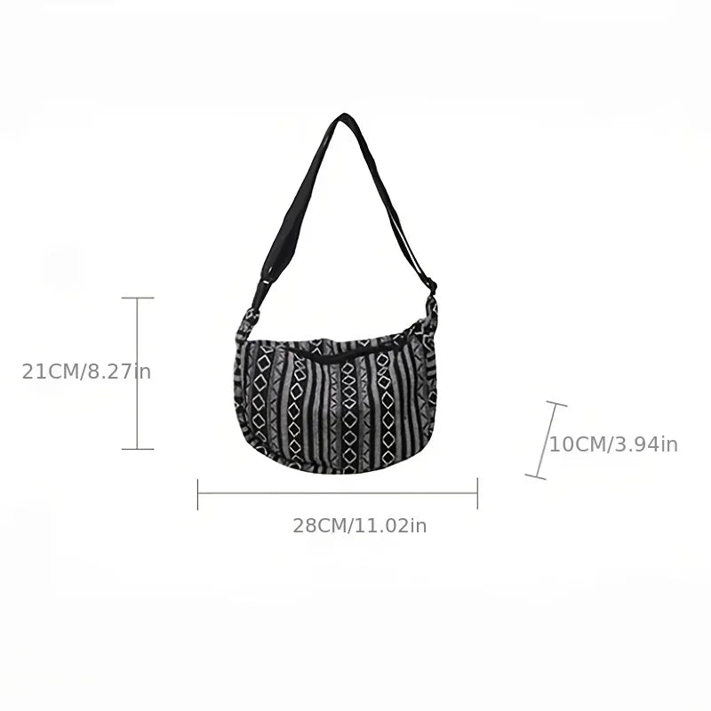 Tribal Style Shoulder Bag, Foldable Crossbody with Zipper Closure, Striped Pattern, Edge Painted Lining