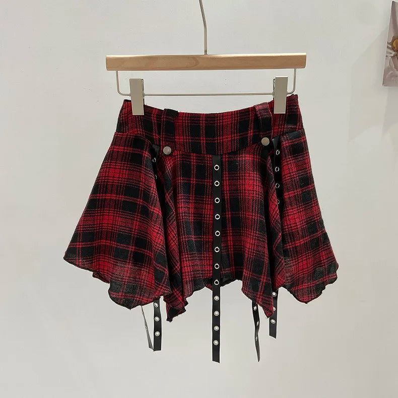Asymmetrical Plaid Skirt with Straps High Waist Harajuku Mini Skirt Kpop Punk Gothic Red Black Tartan Skort Grunge Y2K Alt Girls