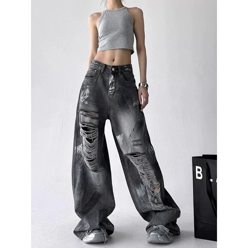 ZHIZOU Summer Women Jean Baggy Wide Fit Ripped Denim Pants Grunge Punk Y2K Hole Japanese Harajuku 2000s American Retro Boyfriend