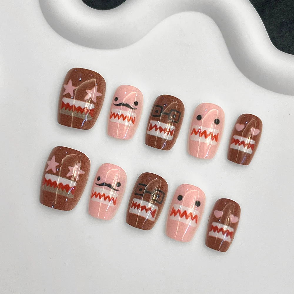 10Pcs/Set Handmade Y2K Long Square  White French press on nails，DoMo Star and Heart pattern Decoration