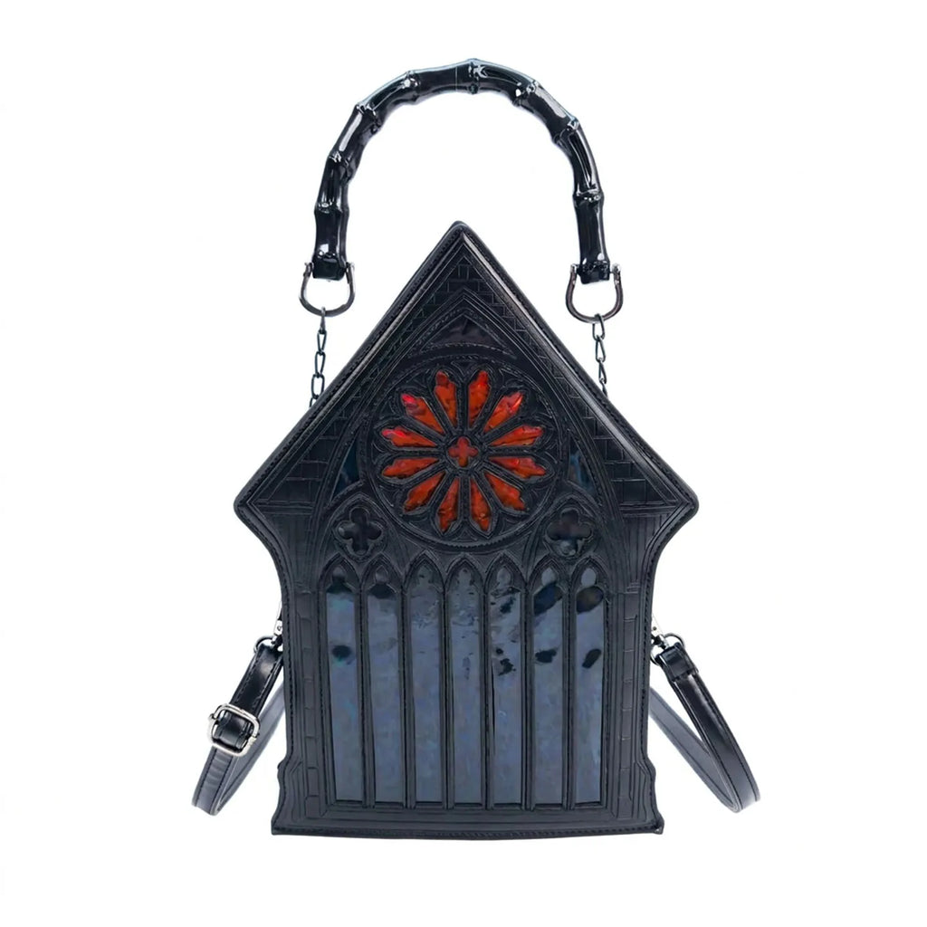 Niche Gothic Chapel Handbag for Women Unique Stained Glass Cathedral Tote Bag Bamboo Crossbody Bag for Dark Grunge Aesthetic