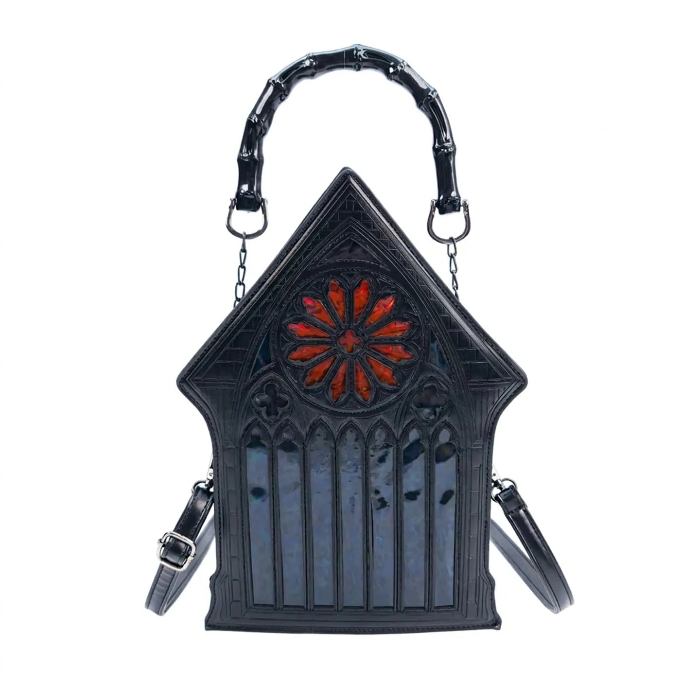 Niche Gothic Chapel Handbag for Women Unique Stained Glass Cathedral Tote Bag Bamboo Crossbody Bag for Dark Grunge Aesthetic