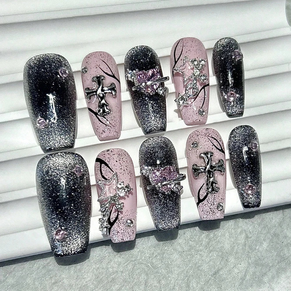 Artificial Nail Sparkling Pink Diamond Surrounding Planet Flame Cat Eye Nails Reusable and Removable Nails