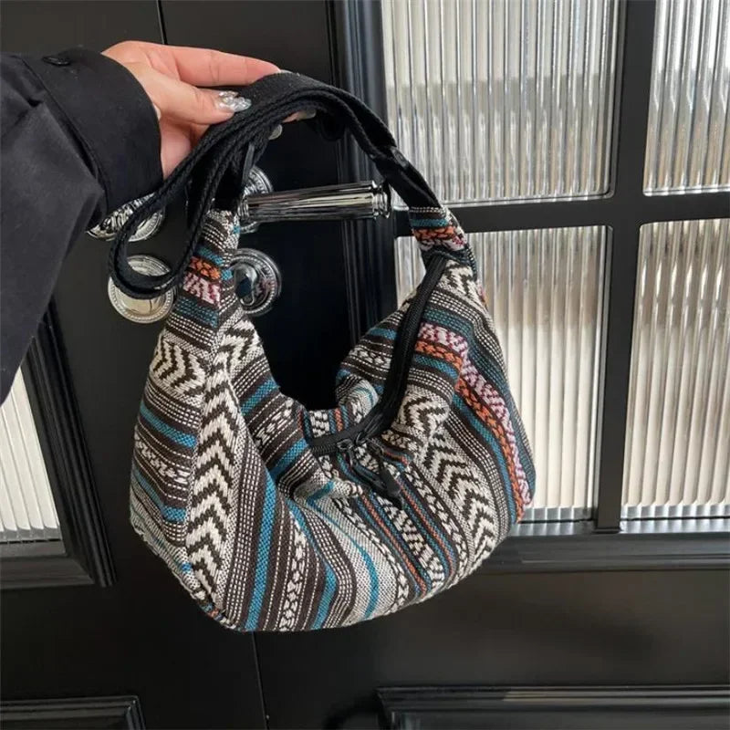 Tribal Style Shoulder Bag, Foldable Crossbody with Zipper Closure, Striped Pattern, Edge Painted Lining